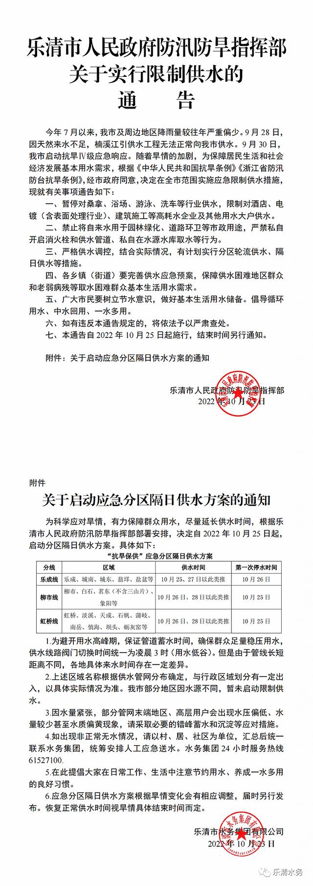 浙江乐清：在全市范围实施应急限制供水措施，启动分区隔日供水方案