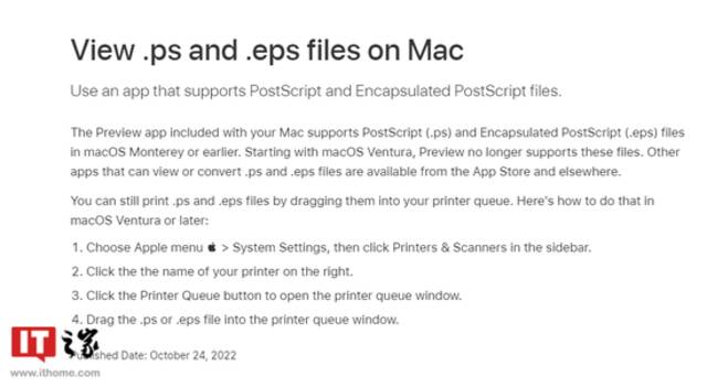 苹果macOS 13 Ventura内置预览应用程序不再支持 PostScript（.ps/.eps）文件