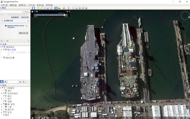 去年11月停靠在纽波特纽斯造船厂岸边的肯尼迪号与福特号。