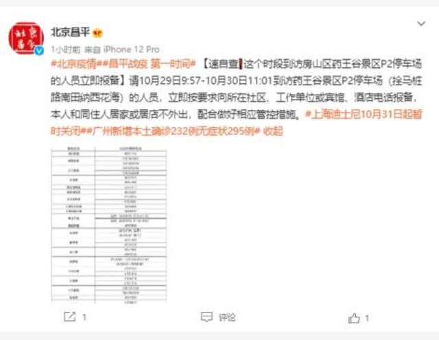 北京昌平：这个时段到访房山区药王谷景区P2停车场的人员立即报备