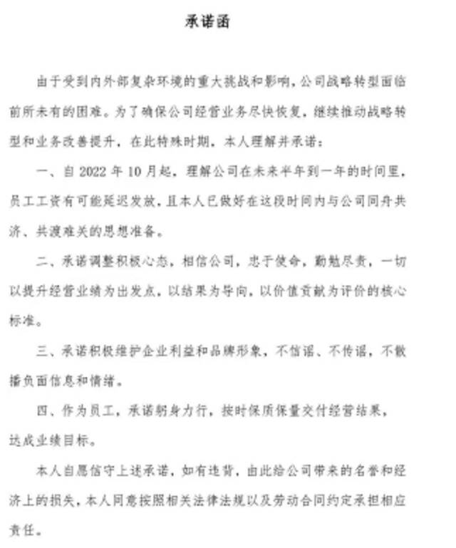 国美要求员工签承诺函，未来半年到一年可能延发工资