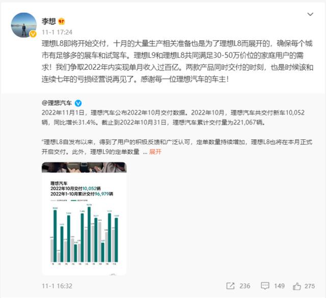 李想再发声：“是时候该和连续七年的亏损经营说再见了！”