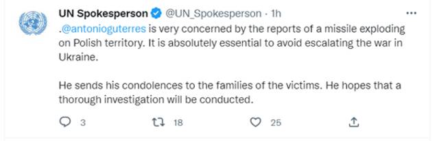 联合国秘书长对波兰导弹事件表“担忧”：避免冲突升级至关重要