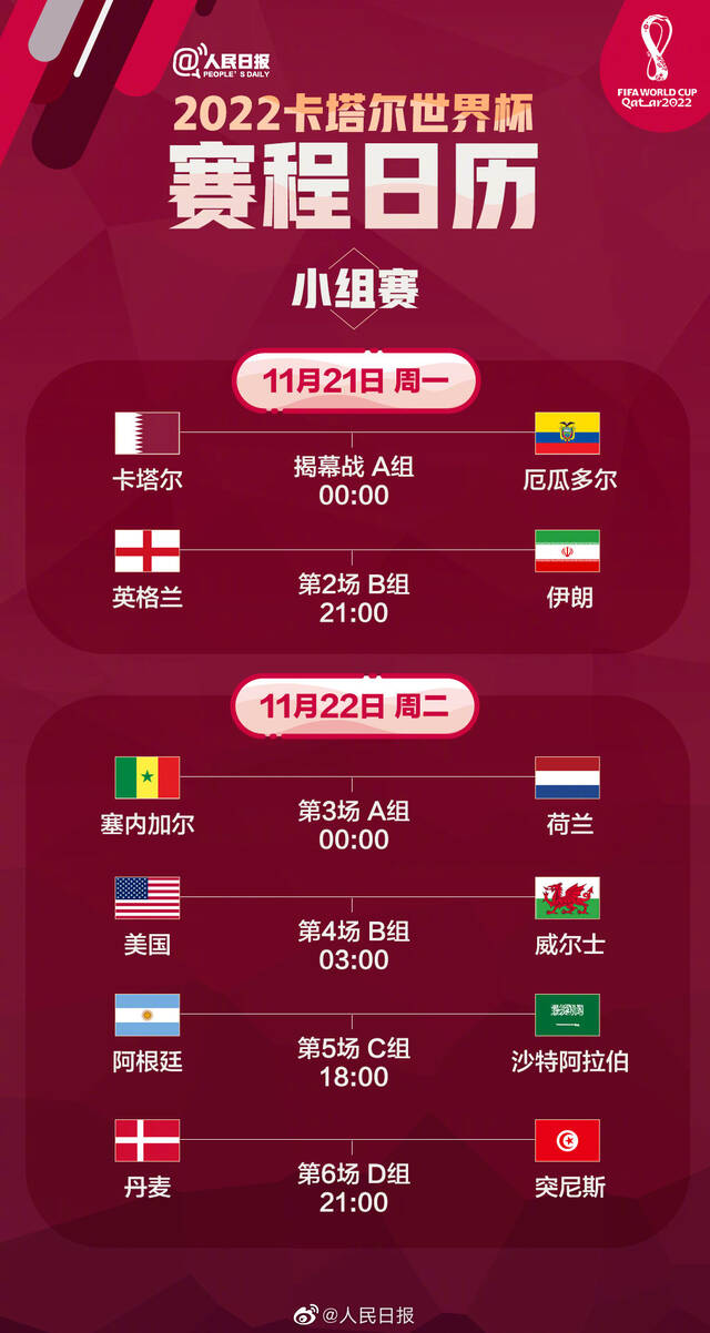 2022年卡塔尔世界杯开幕在即，这份赛程日历请查收！
