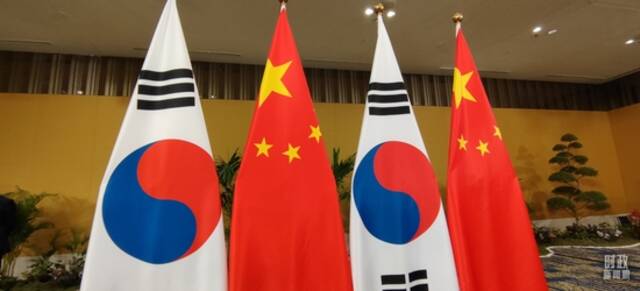 △会见现场的中国和韩国两国国旗。（总台央视记者耿小龙拍摄）2