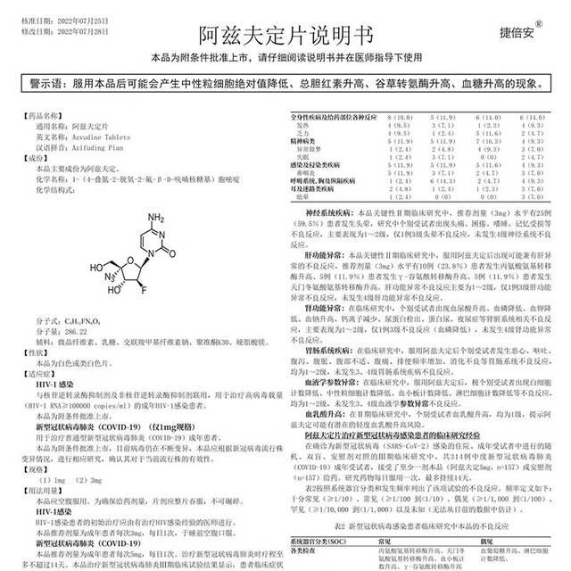 ↑阿兹夫定片说明书图据小程序“星辰药急送海王药店送药到家”