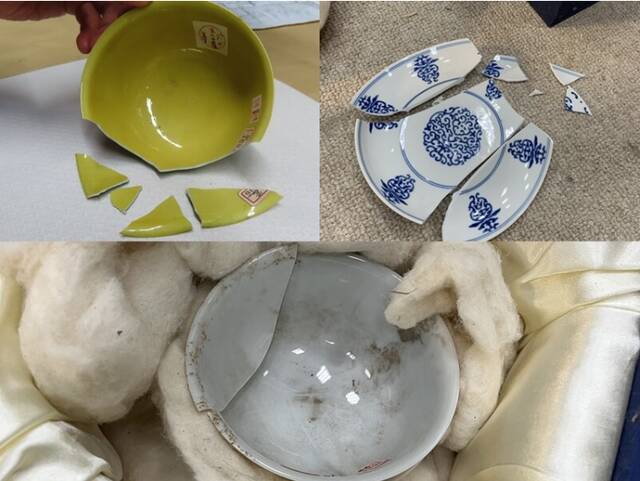 破损的3件文物左上为“清弘治款娇黄绿彩双龙小碗”