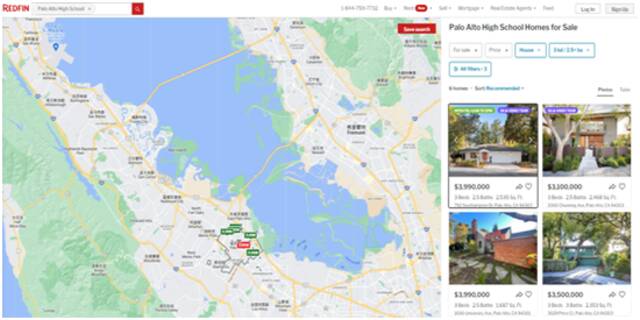 Palo Alto High School周边学区房价格图片来源：房产中介公司Redfin截图