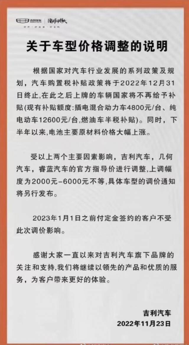 吉利汽车、几何汽车、睿蓝汽车官宣涨价 涨幅2000