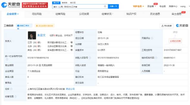 朱亚文上海工作室注销