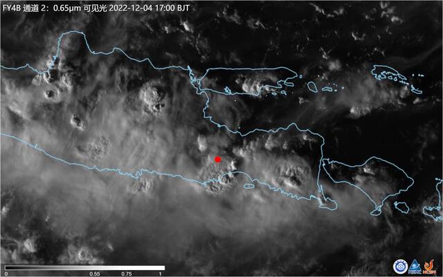风云四号B星0.65μm可见光通道监测显示：火山口及西南侧仍有明显的上升云系，可能与火山仍在持续活动有关，图中红点为火山位置