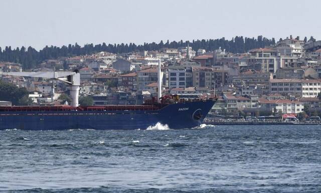 2022年8月3日，从乌克兰敖德萨港出发的首艘运粮船“拉佐尼”号经过位于土耳其伊斯坦布尔的博斯普鲁斯海峡。新华社记者沙达提摄
