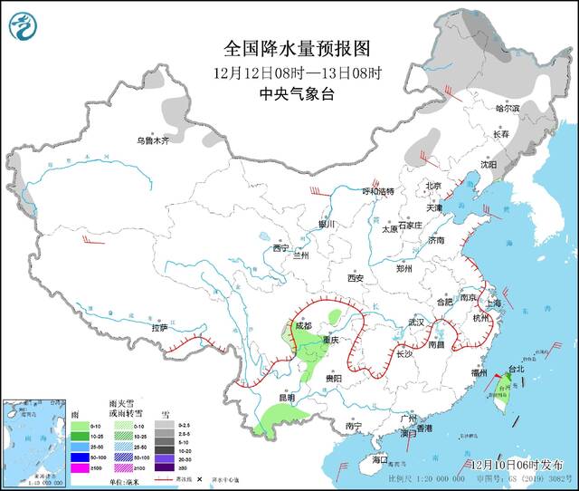 图3全国降水量预报图(12月12日08时-13日08时)