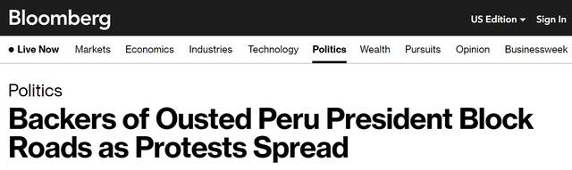 外媒：秘鲁前总统卡斯蒂略支持者聚集首都抗议，“封锁”高速公路
