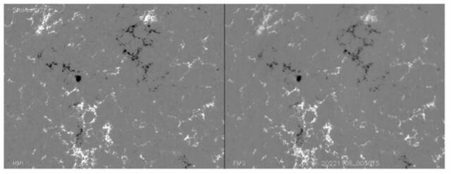 △图2. FMG观测到的2022年11月6日00:50:15UT局部纵向磁图（右边）与同一时间美国HMI/SDO观测结果（左边）的对比