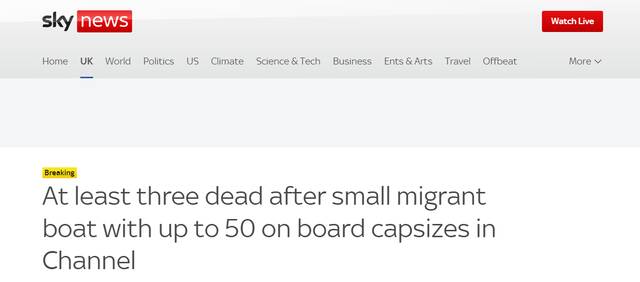 英媒：载约50人移民船在英吉利海峡倾覆，英国内政大臣将发声