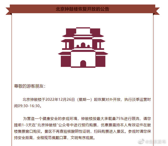 北京钟鼓楼将于12月26日起恢复开放，不再查验核酸阴性证明