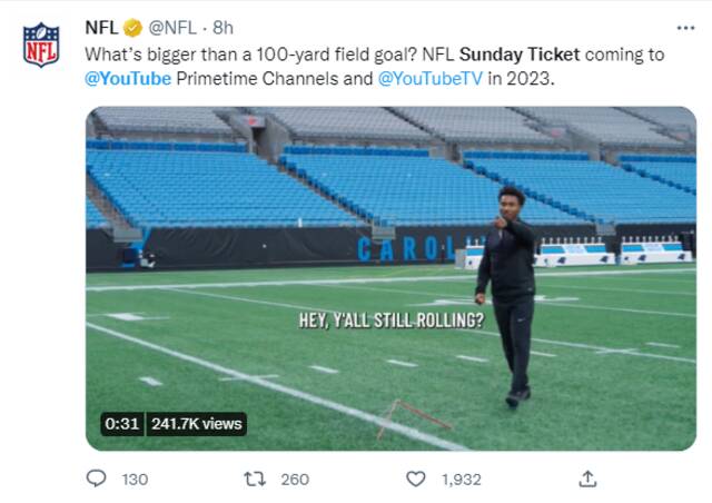 官宣！NFL“周日门票”明年转播权花落谷歌旗下YouTube