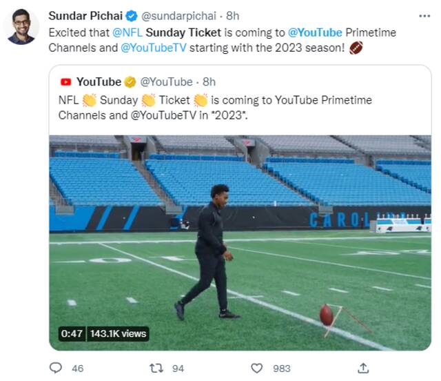 官宣！NFL“周日门票”明年转播权花落谷歌旗下YouTube