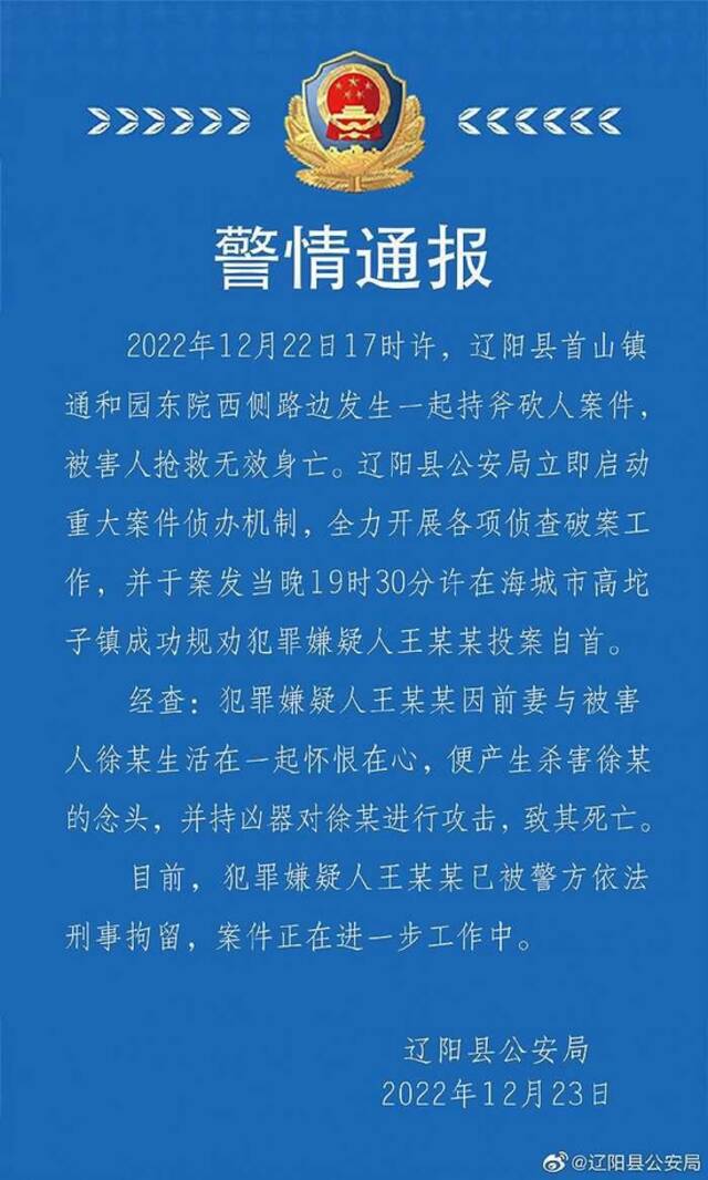 辽宁辽阳警方：发生一起持斧砍人案致一人死亡，犯罪嫌疑人已被刑拘