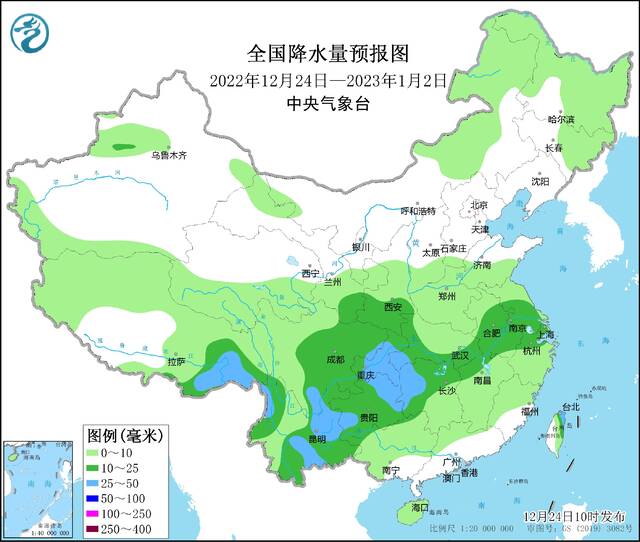 全国降水量预报图（2022年12月24日-2023年1月2日）。图源中央气象台