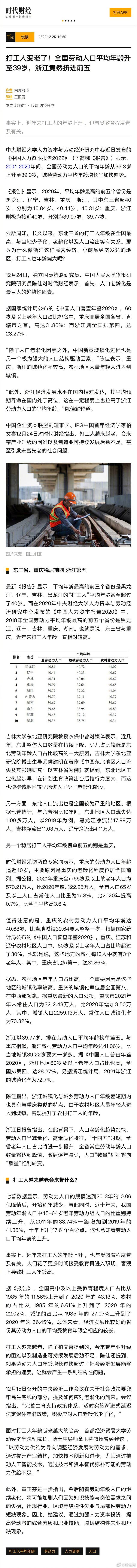 我国劳动人口平均年龄升至39岁，浙江挤进前五