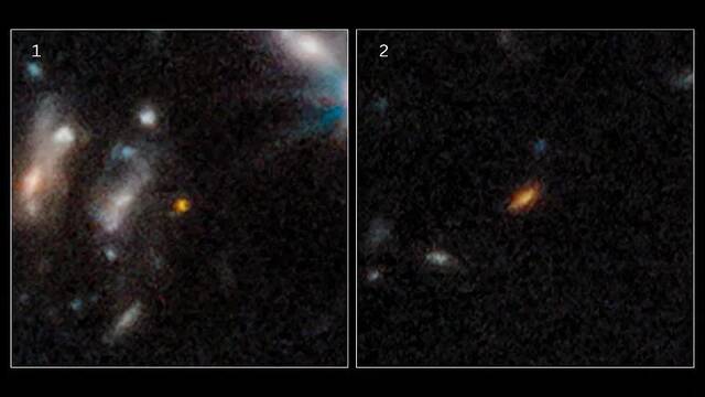 詹姆斯·韦布空间望远镜近红外相机拍摄到迄今为止在巨大星系团“阿贝尔2744”外围区域看到的最远的两个星系的特写。图/视觉中国