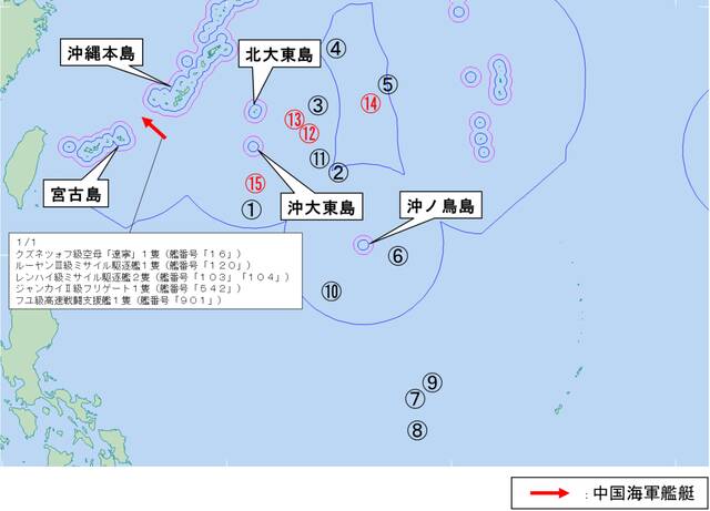 下图为辽宁舰编队12月17日-31日的大致位置（按1-15排序），可见7-9代表的12月23-25日航迹位于关岛以西，不计入所谓“日本周边海域”之内