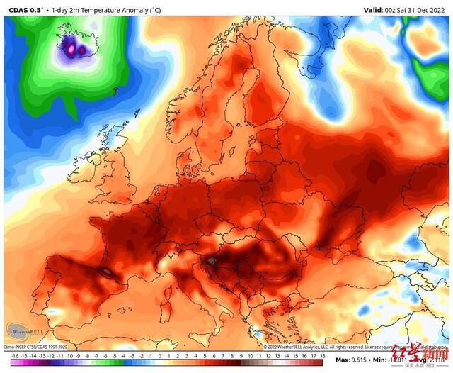 ↑欧洲多地出现高于正常值的温度