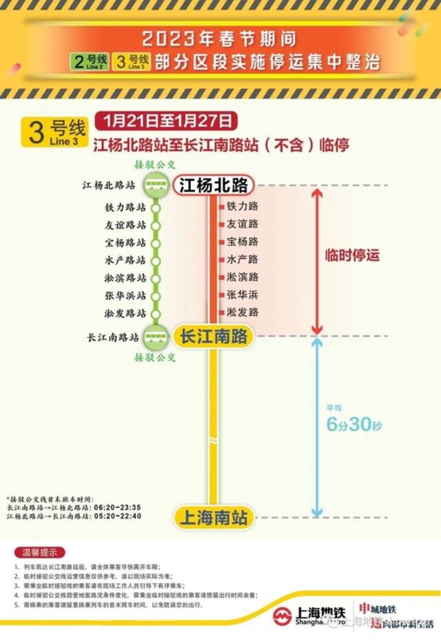 春节期间上海地铁2、3号线部分区段临时停运，可免费公交接驳替运