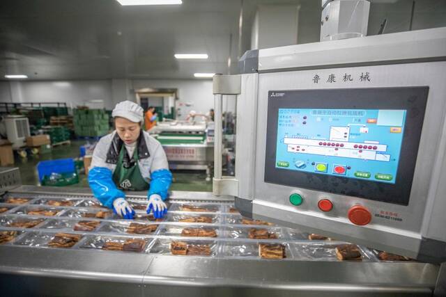 1月4日，在重庆市城口县坪坝镇新华村，工人在重庆美缀美食品有限公司的外包装车间利用自动打包机封装腊肉。新华社记者黄伟摄