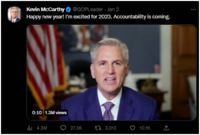 麦卡锡当选众议长后，共和党在推特喊话拜登：问责要来了