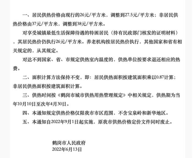 鹤岗曾在2022年6月发布调整供热价格的通知图源：鹤岗市政府官网