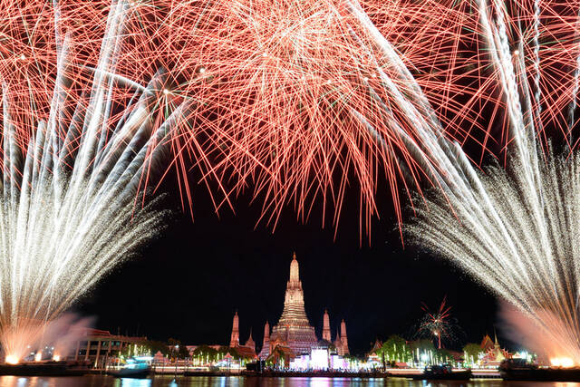 这是2023年1月1日在泰国曼谷郑王庙上空拍摄的新年烟花。新华社发（拉亨摄）