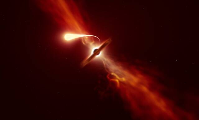 数亿光年外的遥远星系中一颗围绕超大质量黑洞运行的恒星在巨大引力下被猛烈撕裂