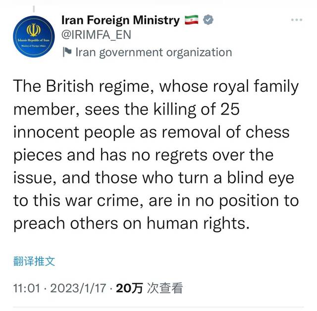 英国指责伊朗处决被控“英国间谍”的前副防长，伊朗提“哈里杀人”回击