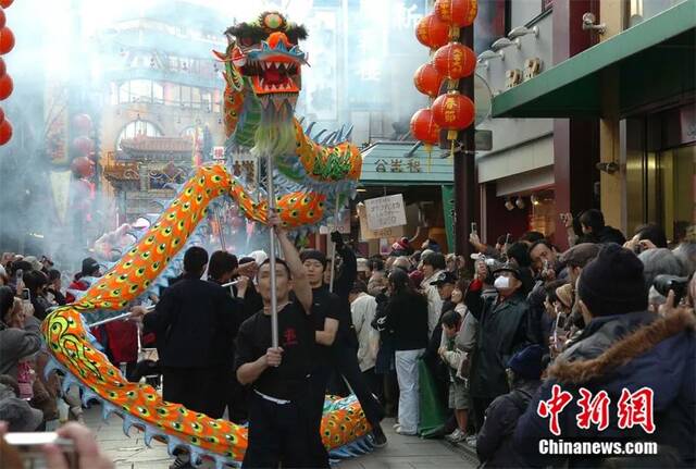 日本横滨的华侨华人社团以舞龙舞狮的方式欢庆中国传统的春节。滕剑峰摄