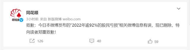 同花顺深夜致歉：“2022年逾92%的股民亏损”信息有误，已删除