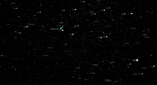 周日（2月5日）观看C/2022 E3(ZTF)这颗绿色彗星经过明亮的恒星五车二