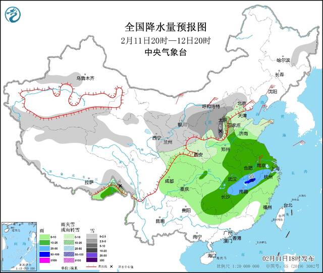 图1全国降水量预报图（2月11日20时-12日20时）