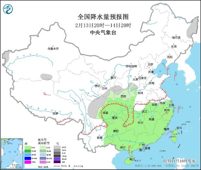 图3全国降水量预报图（2月13日20时-14日20时）