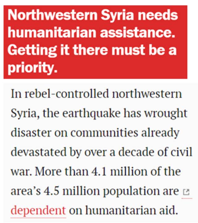 美国布鲁金斯学会网站：在叙利亚北部地区，地震给本已被十余年冲突摧残的社区带来了灾难。该地区450万人口中有410多万人依赖人道主义援助，对该地区提供震后援助刻不容缓。