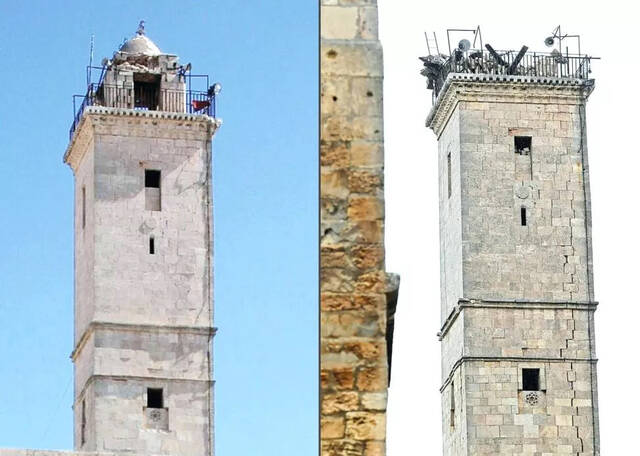 阿勒颇城堡塔楼圆顶地震前后对比