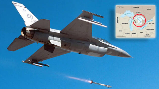 美军F-16战机拦截不明飞行物射歪糗了 AIM-9x响尾蛇导弹射进美加边境休伦湖