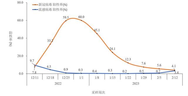 图2-5全国哨点医院流感样病例新冠和流感病毒阳性率变化趋势（数据来源于402家网络实验室）