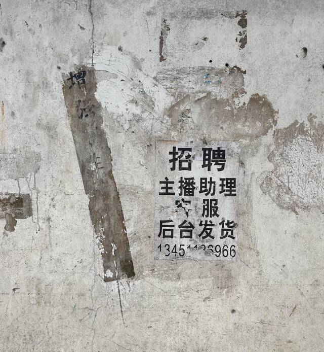 姐告小巷墙上残留的主播招聘广告。新京报记者徐杨摄