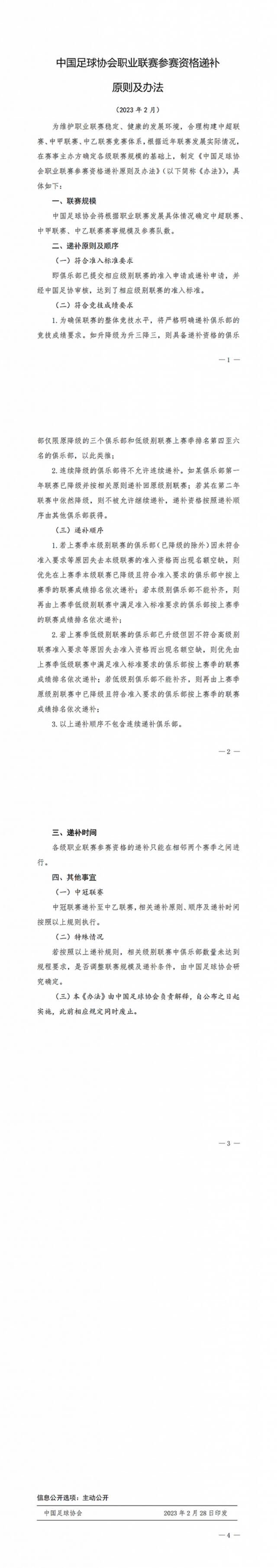 足协公布联赛资格递补原则：连续降级俱乐部将不允许连续递补