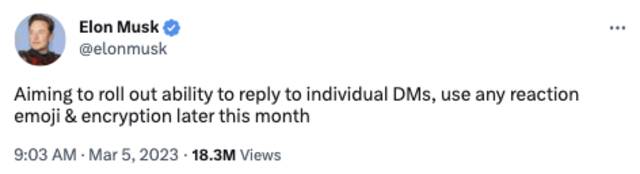 马斯克：Twitter将于本月晚些时候推出加密私信功能