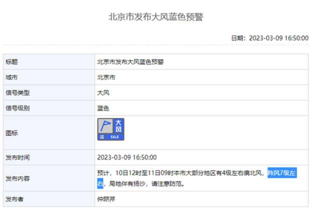 北京发布大风蓝色预警：阵风7级左右，局地有扬沙