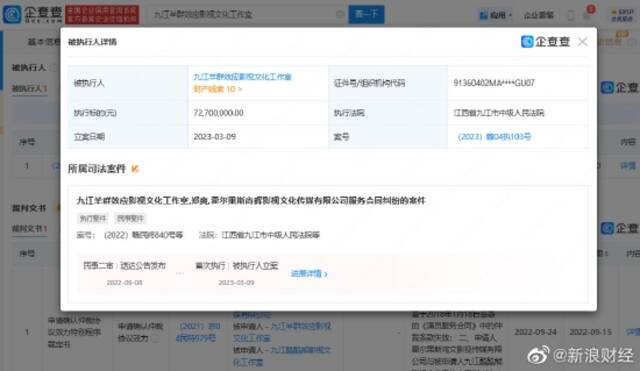 九江羊群效应影视文化工作室被强制执行7270万元人民币